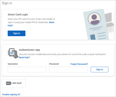 NIH Employee Login Screen