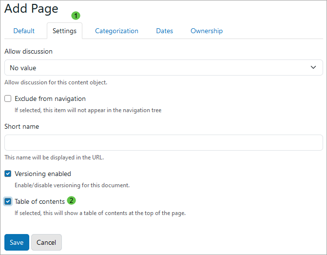 Table of Contents Checkbox