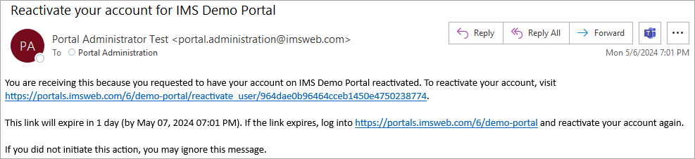 Disabled Account Reactivation Email