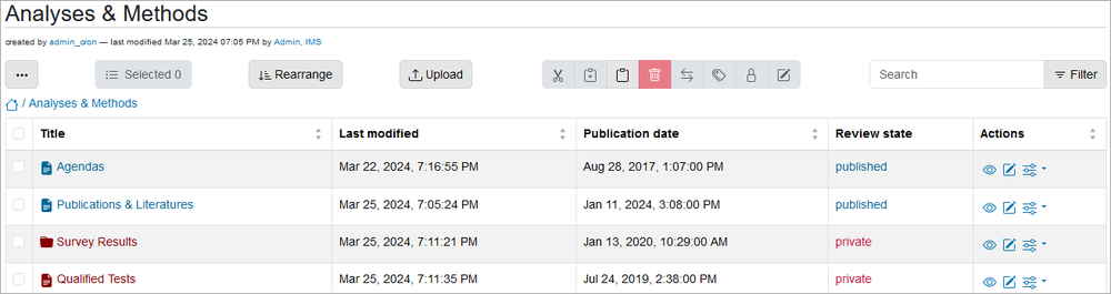 Folder's Contents Table